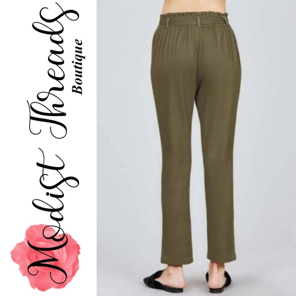 ⚡SALE⚡Green Paper Bag W/Bow Tie Long Linen Pants - Picture 3 of 3